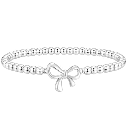BOLAGTIER Cute Beaded Bow Charm Bracelet for Women Stretch (Silver)