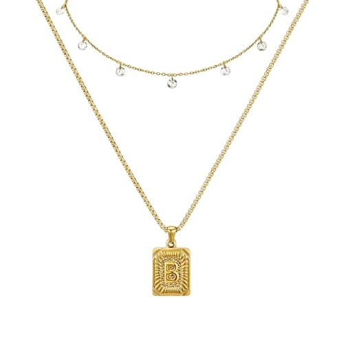Nododugs Gold Layered Necklace for Women 18K Gold Plated for Women Rhinestone Choker Square Letter Pendant Necklace Gold Initial Necklaces Trendy Simple Jewelry Gifts (B, Gold) - Image 1