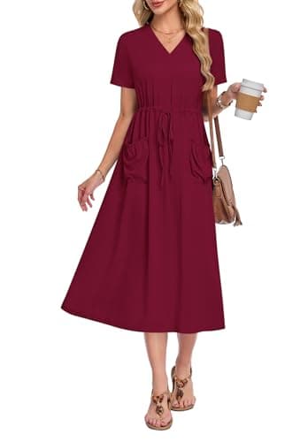 MOLERANI Women's Short Sleeve V-Neck Maxi Dress with Pockets — Adjustable Drawstring Waist for Summer Beach and Vacation Wine Red, M