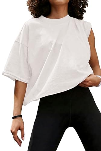 JINKESI Women's Loose Workout Crop Tops Casual Short Sleeve Drop Shoulder T-Shirts Basic Loose Yoga Running Tees White-XL - Image 1