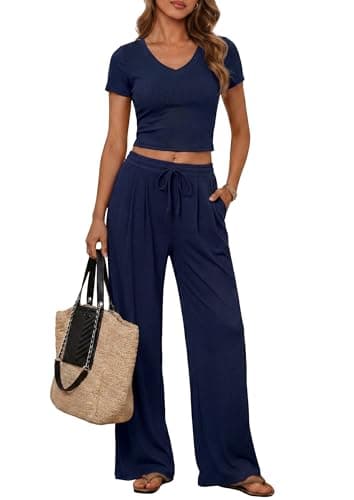 PRETTYGARDEN 2 Piece Sets for Women Summer 2026 Spring Lounge Set Matching V Neck Tops Wide Legs Pants Airport Travel Outfits (Navy,Small) - Image 1