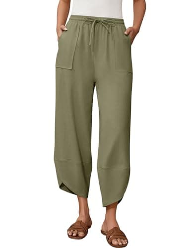 grewley Petite Linen Pants for Women Wide Leg Baggy Comfy Pants Elastic Waist with Pockets Beach Green 01 S - Image 1