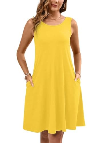Heymoments Women Summer Dress Yellow X-Large Sleeveless Crewneck Casual Cute Loose Fitting Tank Sundress Comfy Swing Midi Flowy A Line Trendy Beach Vacation Teacher Dresses with Pockets - Image 1