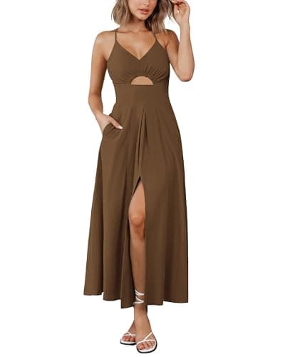 BTFBM Women 2026 Spaghetti Strap Midi Summer Dresses Sleeveless V Neck Cutout Slit Casual Beach Party Maxi Dress Pockets(Brown, XX-Large) - Image 1