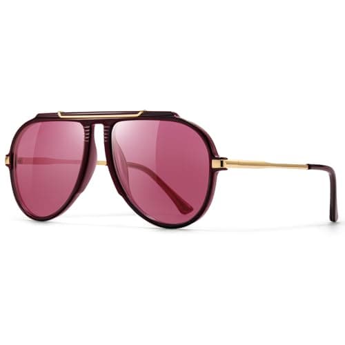 SUNGAIT Oversized Aviator Sunglasses Women Stylish Tangle Free Pilot Shades Retro Gold Metal Accents & Muti-color UV400 Lens(Dark Purple Red Frame/Purple Red Lens) - Image 1