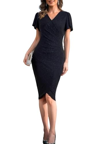 Lesuxa Women's Sexy Ruched Bodycon Dresses,V Neck Ruffle Sleeve Wrap Cocktail Party Work Dress,Sparkly Evening Gowns Formal Dresses for Women Midi Dress (Medium, Black) - Image 1