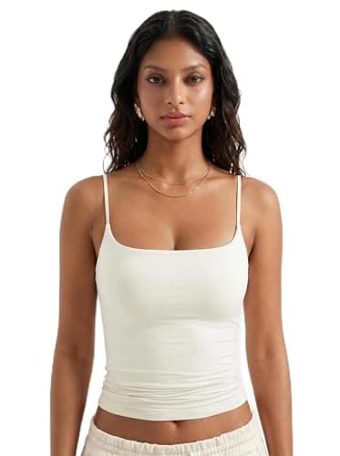 Women Summer Tank Top Trendy Y2K Going Out Top Spaghetti Strap Double Line Sexy Square Tanks Tops Woman Casual Basic Cami Shirts (Cream White,M)