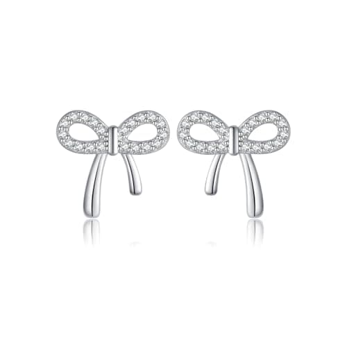 Reffeer Solid 925 Sterling Silver CZ Bow Stud Earrings for Women Teen Girls Ribbon Stud Earrings Bowknot (A-Silver) - Image 1