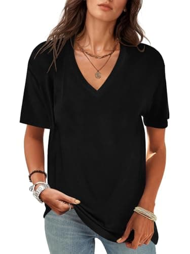UNCLECAT Women's V-Neck T Shirts Sexy Short Sleeve Tops Summer Oversized Tees Black - Image 1
