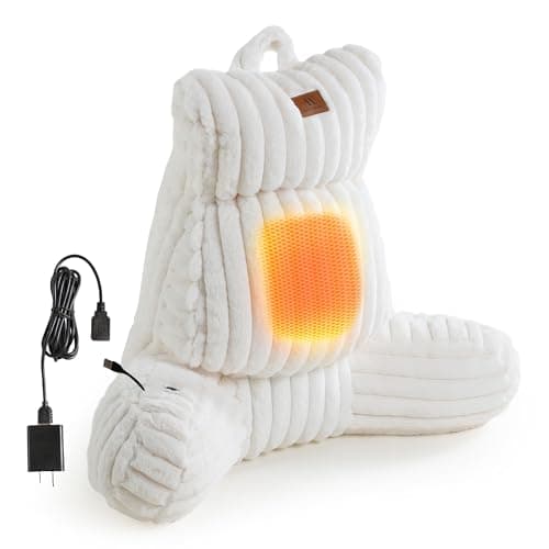 Amélie Home Heated Faux Fur Reading Pillow 3 Temperature Backrest for Sitting in Bed Support Cushion, USB-Powered(No Power Bank Included) Warming (113°F-131°F), 3H Auto Shutoff, Ivory, 26 Inches - Image 1