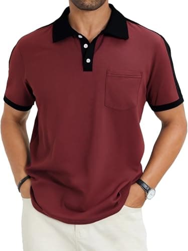LuxMania Men's Casual Polo Shirts Short Sleeve Classic Button Shirt Fashion Cotton Golf Tops with Pocket Burgundy&Black XL - Image 1