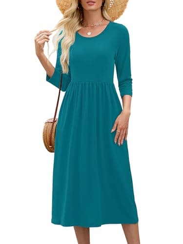 Heymoments Ladies Dresses Lake Blue Large Wedding Guest Crewneck 3/4 Sleeves A line Casual Flowy Swing Cocktail Slimming Birthday Party Spring Fall Winter Travel Long Midi Dresses with Pocket - Image 1