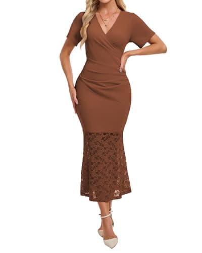 Ystguic Women's Short Sleeve Wrap V Neck Bodycon Lace Ruched Elegant Sexy Dress Ladies Evening Party Date Night Wedding Guest Cocktail Party Dresses Medium Coffee YG064-SS M - Image 1