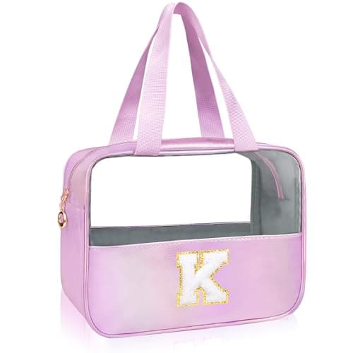 Junesters Personalized Initial K Clear Purple Makeup Bag - Large Travel Toiletry Bag, Cute Cosmetic Organizer Set for Girlfriend, Teacher, Teen Girl Gifts - Image 1