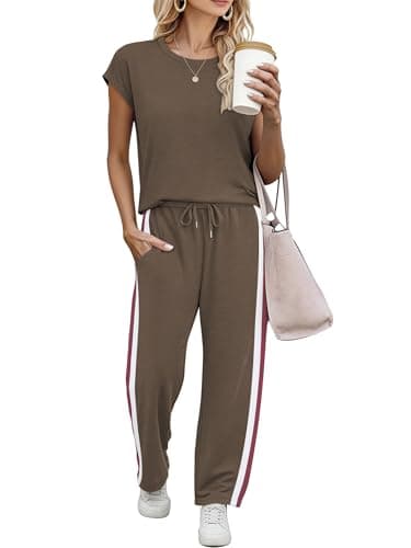 Casly Lamiit Women's 2 Piece Outfits Travel Set Track Suits Casual Shorts Workout Set Short Sleeve Crew Neck Jumpsuits Coffee M - Image 1
