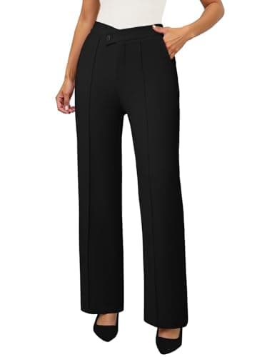 Pink Queen Black Dress Pants Women High Waisted Crossover Elastic Waist Wide Leg Work Pants for Women Straight Leg Flat Front Long Trousers Business Casual Office Slacks for Work Black XL - Image 1