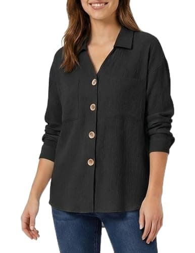 GAMISS Womens Button Down Shirts Long Sleeve Shirts Boyfriend Blouses Casual Shirts V Neck Tops Black, S - Image 1