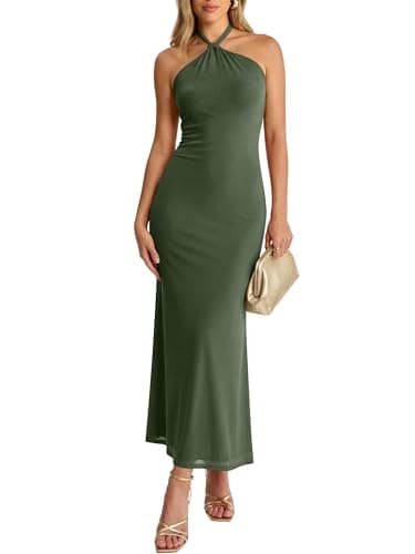 Prinbara Womens Halter Neck Bodycon Maxi Dresses 2026 Summer Mesh Backless Elegant Formal Wedding Guest Party Club Long Dress Army Green Medium - Image 1