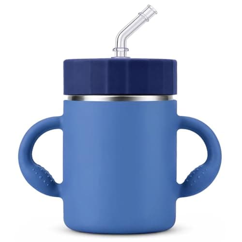 Mamalovey 12oz Insulated Kids Water Bottle, Stainless Steel Sippy Cup with Straw & Handles, Spill-Resistant Kid Cup, Silicone Sleeve for Anti-Drop Protection, Great for Travel- Navy Blue - Image 1