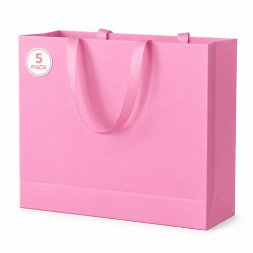 LWBDD Pink Gift Bags with Handles, 5 Pack 8.6x4x7.5 Inch Medium Paper Gift Bags, Solid Color Bags with Ribbon Handles for Baby Shower Bridal Birthday Mothers Day Party Favor - Image 1