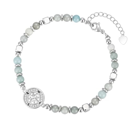 Silver Compass Beaded Bracelet for Women - Natural Stone Dainty Link Bracelet with Cubic Zirconia Compass Charm Womens Adjustable Stackable Bracelets Trendy Jewelry Gift Her Travel Going-Away Graduation - Image 1