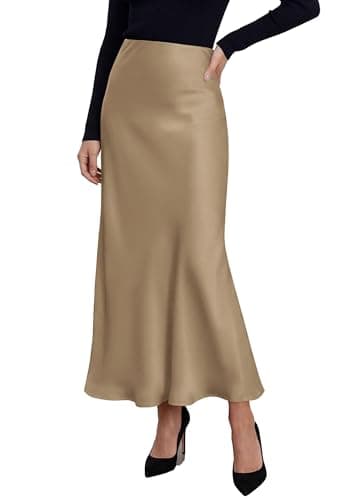 PRETTYGARDEN Women's 2026 Fall Fashion Maxi Long Skirts Trendy Silk Satin High Waisted A Line Mermaid Business Casual Outfits (Khaki,Medium) - Image 1