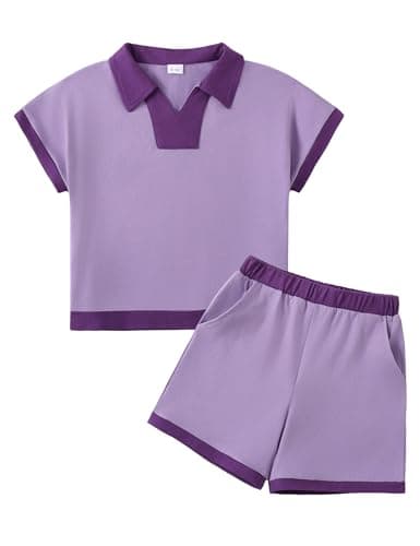 GEMLON Girls' Clothing Sets Purple Colorblock Short Sleeve V Neck Tops Shorts with Pockets Short Sets Girls Outfits Size 9 10 - Image 1