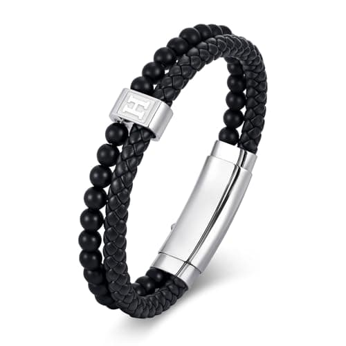 FLHEART Initial Black Leather Bracelet for Men, A-Z Letters Agate Stone Beaded Braided Leather Cuff Bracelets with Initial, Adjustable Wrist Bracelet for Mens Jewelry Gifts,7.5-8.3 Inches - Image 1