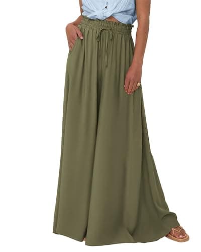 BTFBM Wide Leg Palazzo Pants for Women 2026 Summer Spring Casual High Waisted Flowy Trousers Boho Beach Vacation Outfits(Solid Army Green, Small) - Image 1