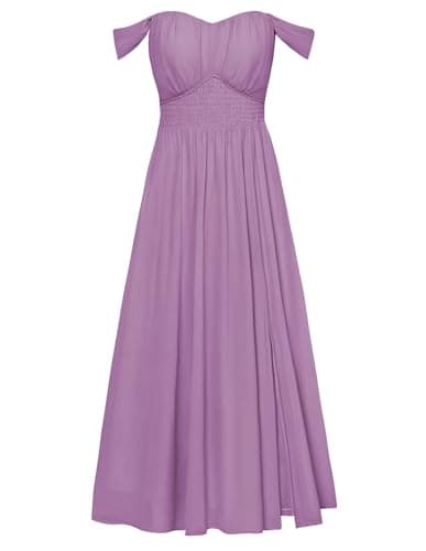 Summer Lilac Dress for Women 2026,Off the Shoulder Smocked Bridesmaid Dresses,Formal Baby Shower Maxi Dresses M - Image 1