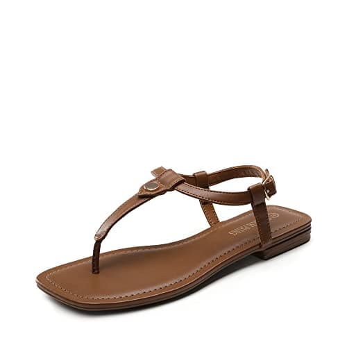 DREAM PAIRS Women's T-Strap Thong Flat Sandals with Cute Square Toe Strappy for Summer,Size 7.5,Brown,SDFS2301W - Image 1