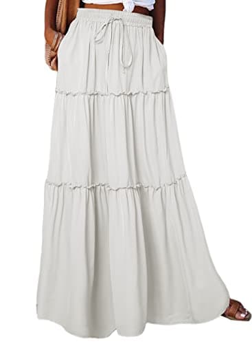 Happy Sailed Womens Retro Boho High Waist Elastic Waist A Line Flowy Long Maxi Beach Skirts with Pockets White Small - Image 1
