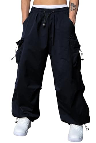 JMIERR Men's Casual Lounge Travel Parachute Pants Wide Leg Trousers Beam Feet Harem Baggy Sweatpants Cargo Streetwear Pants for Fall Essentials Clothes Trendy Street Wear,L, Navy Blue - Image 1