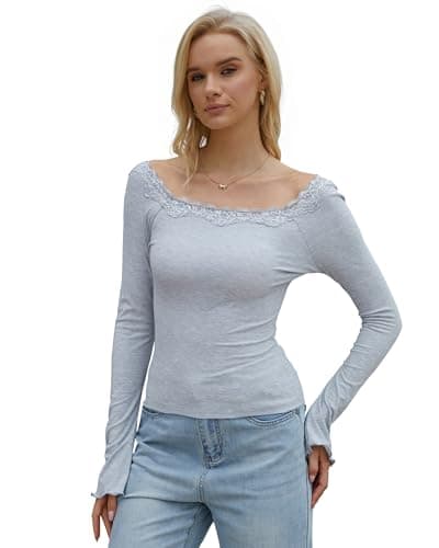 Homepeaz Long Sleeve Shirts for Women Going Out Tops Bell Sleeve Micro Ribbed Backless Boat Neck Tops Lace Trim Fitted Y2K Basic Tee Grey - Image 1