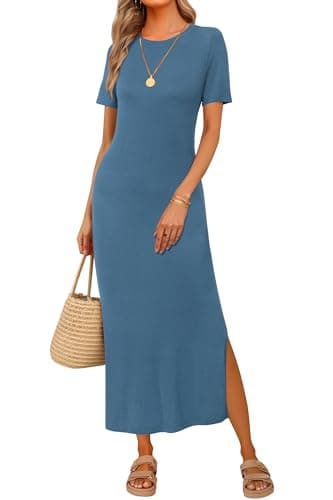 Arach&Cloz Womens Summer Wool Blend T Shirt Maxi Dress 2026 Spring Casual Short Sleeve Crew Neck Slit Fashion Sweater Knit Long Dresses Trendy Travel Vacation Outfits Dusty Blue L - Image 1