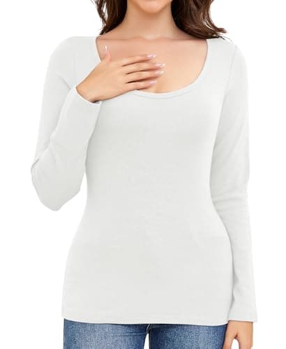 Ganado Long Sleeve Shirts for Women Scoop Neck Thermal Shirt Plain Basic Tops Fitted Layering Undershirts (White, XX-Large) - Image 1