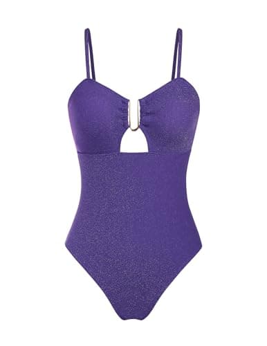 ZAFUL Womens Cut Out One Piece Bathing Suit Shiny 1 Piece Swimsuit Sparkle Cheeky High Leg Metal Ring Swimwear Purple XS - Image 1