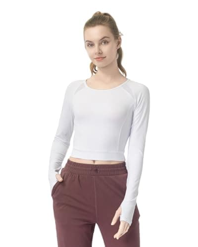 Women's Long-Sleeve Crop Top - Open Back Tie, Thumbholes Moisture-Wicking Quick-Dry for Yoga, Fitness & Workout Bright White - Image 1