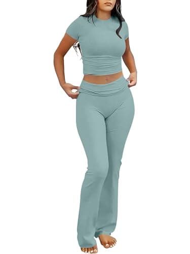 ANRABESS Lounge Sets for Women 2 Piece Foldover Yoga Flare Leggings Pants Crop Tops Casual Y2K Outfits Matching Tracksuit Set Lake Green Medium - Image 1