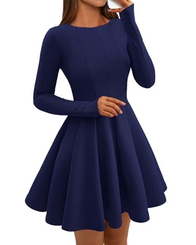 BTFBM Spring Dresses for Women 2026 Long Sleeve High Waist Pleated Flowy Aline Party Wedding Guest Dress Business Casual(Navy, Medium) - Image 1