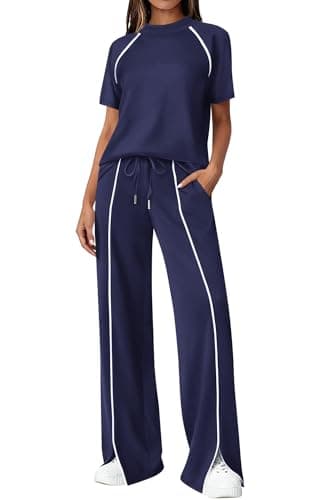 BTFBM Casual Two Piece Sets For Women Summer Outfits Solid Matching Sweatsuit Lounge Set Wide Leg Pants Workout(Navy Blue,X-Large) - Image 1