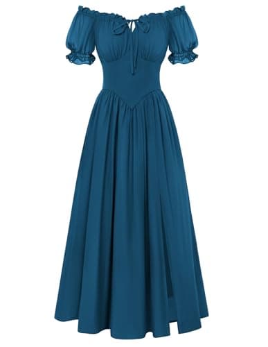 Scarlet Darkness Corset Dress for Women Off Shoulder Renaissance Costume Short Sleeve Milkmaid Dresses with Pockets Blue - Image 1