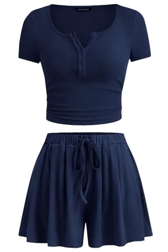 PRETTYGARDEN Workout Sets For Women 2026 Button Up Shirts Drawstring Shorts Set 2 Piece Lounge Set Travel Summer Outfis(Navy Blue,XX-Large) - Image 1