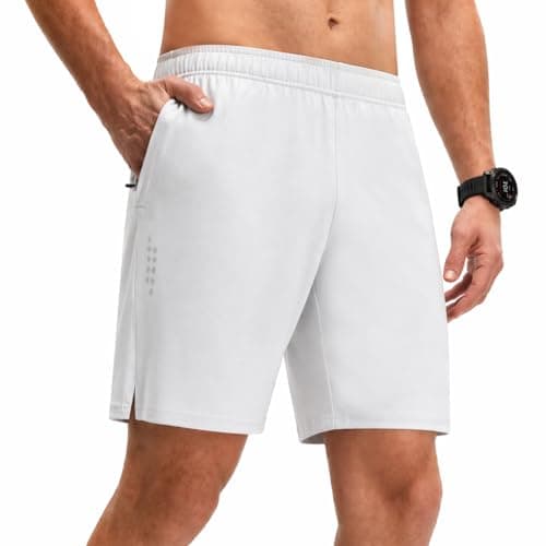 M MAELREG Men's Stretch Athletic Running Shorts with 4 Zipper Pockets 7" Lightweight Breathable Workout Gym Shorts White - Image 1
