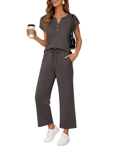 JINKESI Two Piece Sets for Women Summer Outfits Lounge Sets V-neck Tops Wide Leg Pants Vacation Travel Casual Outfit Dark Gray-M - Image 1