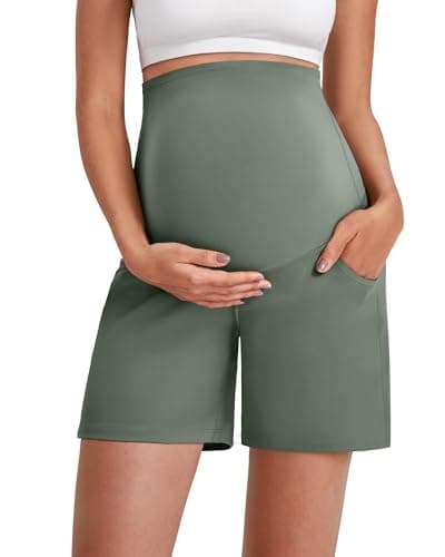 G4Free Maternity Shorts with Pockets Over The Belly Summer Loose Biker Short Workout Yoga Athletic Pants Casual (Gray Sage,S,6'') - Image 1