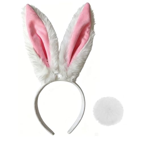 GiiBiiy Bunny Ears Headbands and Tail White Rabbit Ears Headband Costume Accessories Set for Women Adult Easter, Halloween, Cosplay - Image 1