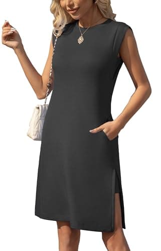 BEXIBOOM 2026 Summer Women's Casual Sleeveless Round Neck Midi Dress Loose Fit Split Wrinkle-Free Dress with Pockets Black-XL - Image 1