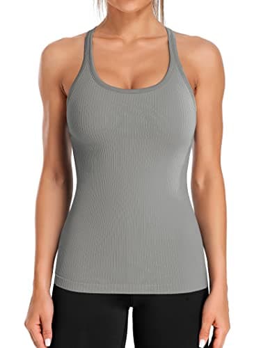 ATTRACO Workout Tops for Women Built in Bra Ribbed Tank Tops Racer Back Yoga Tops Gray L - Image 1