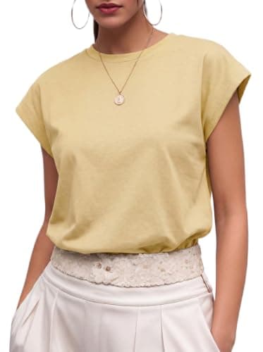 GRECERELLE Womens Summer Yellow Tops Cap Sleeve Crew Neck Basic T-Shirt - Image 1